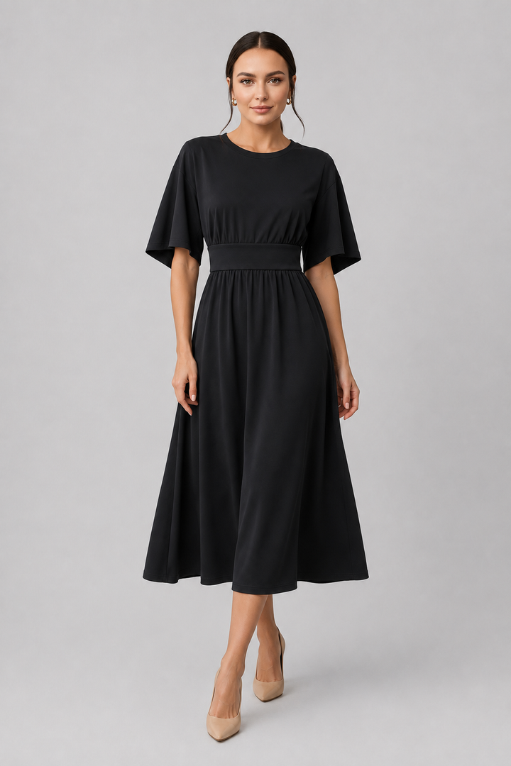 Brown solid color midi dress for women with flowy wide sleeves & a flattering waist belt. Fashion.