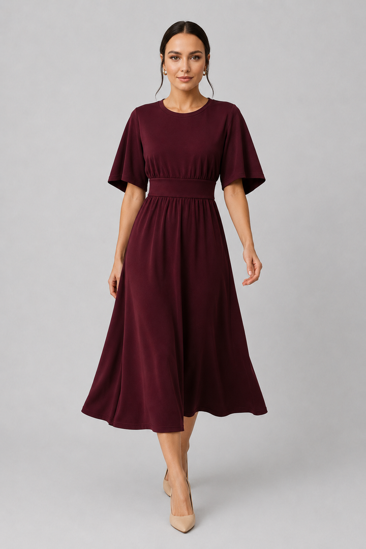 Elegant women's flowy midi dress, wide sleeves & waist belt. Perfect for versatile casual or dressy style.
