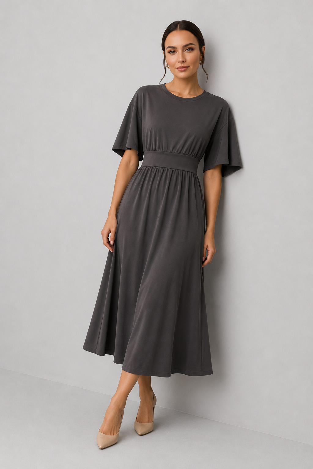 Women's versatile midi dress, flowy fabric & wide sleeves. Adjustable waist belt for a perfect fit.
