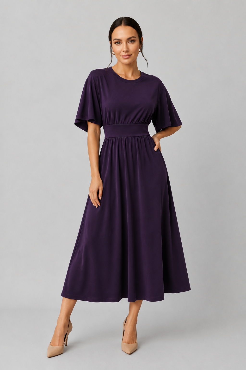 Stylish blue midi dress for women, flowy fabric & wide sleeves. Comfortable and elegant with waist belt.