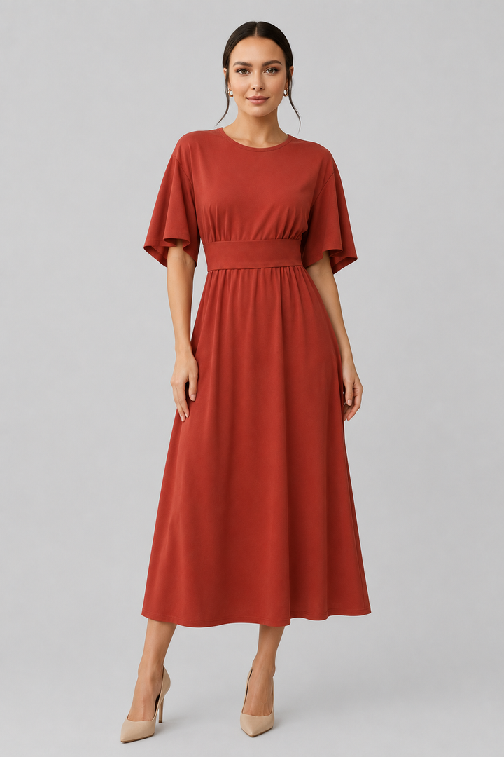 Classic black flowy midi dress for women with wide sleeves & a chic waist belt. Elegant casual fashion.