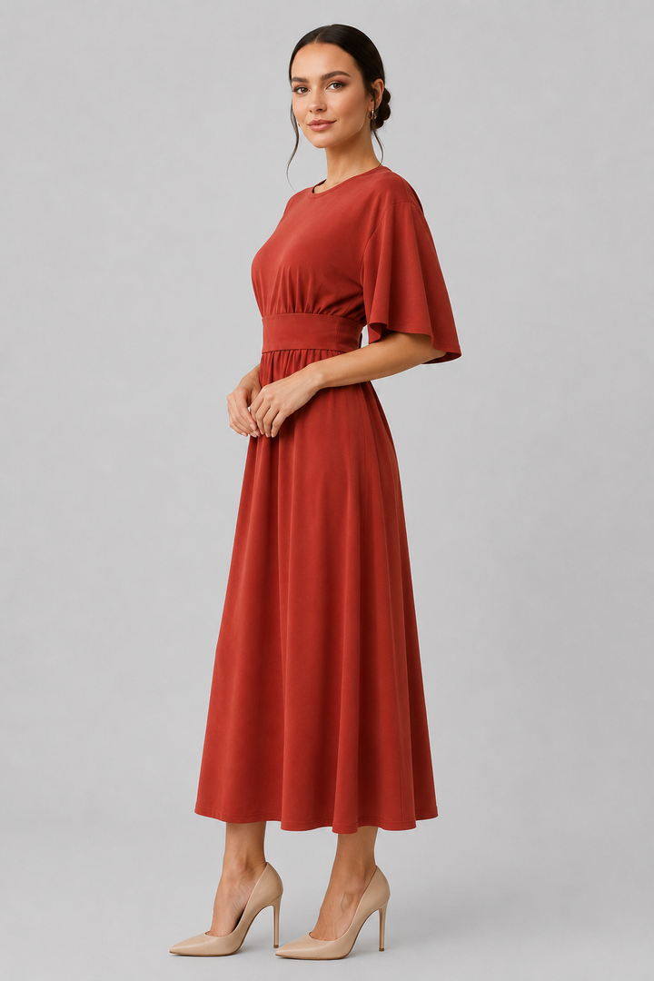 Fashionable brown midi dress, flowy fabric & wide sleeves. Women's elegant casual dress with waist belt.
