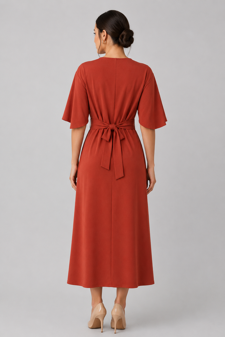Solid color flowy midi dress for women. Wide sleeves & waist belt. A versatile elegant casual dress.