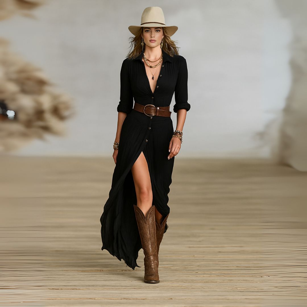 Elegant women's boho maxi dress, flowy and ruched, with button-down front, ideal for vacation or western style.