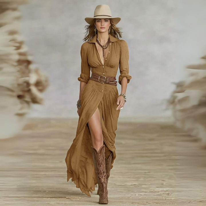 Comfortable long sleeve flowy boho maxi dress for women, featuring a stylish ruched button-down front.