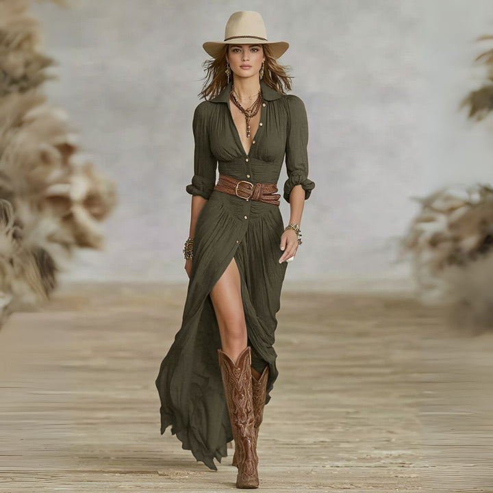 Chic flowy ruched maxi dress for women, a boho-inspired button-down design, perfect for summer elegance.