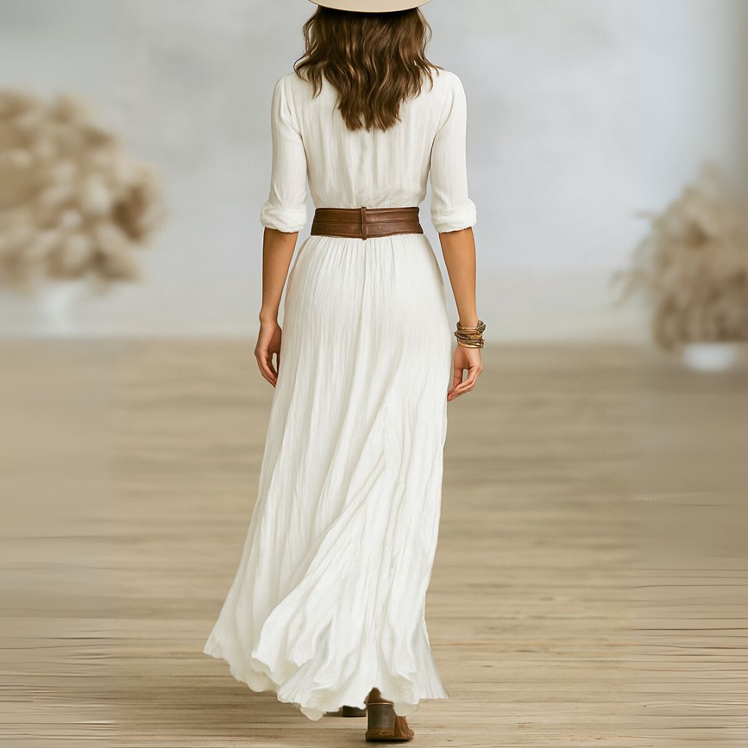 Women's casual chic boho maxi dress, a flowy ruched button-down design with long sleeves for summer.