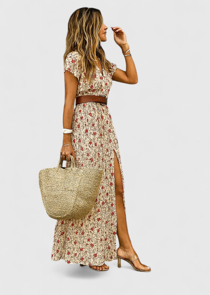 Close-up of the soft, flowy fabric and intricate print of the women's boho maxi dress. Ideal for summer.