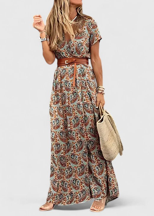 Back view of women's elegant flowy boho maxi dress, highlighting its versatile and comfortable summer style.