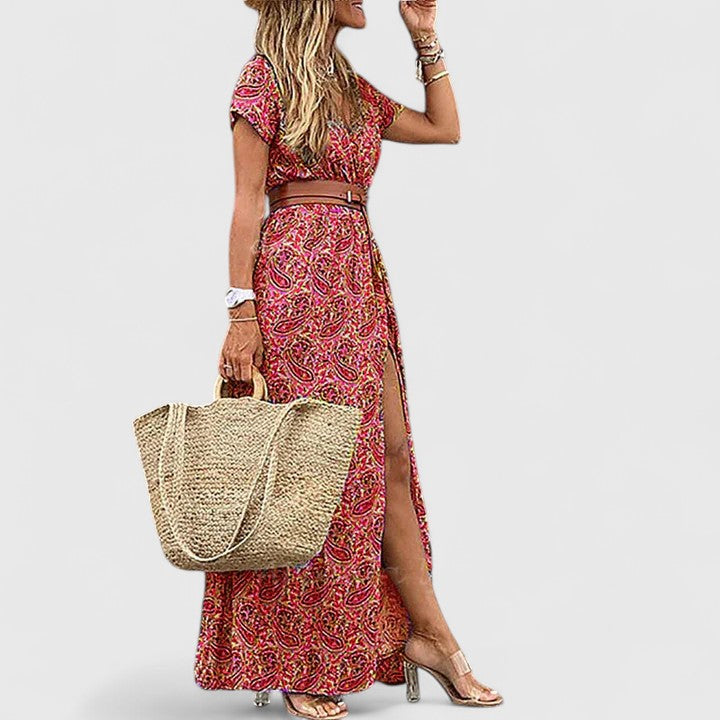 Women's casual flowy boho maxi dress styled for a relaxed summer day. Effortless, comfortable, and chic fashion.