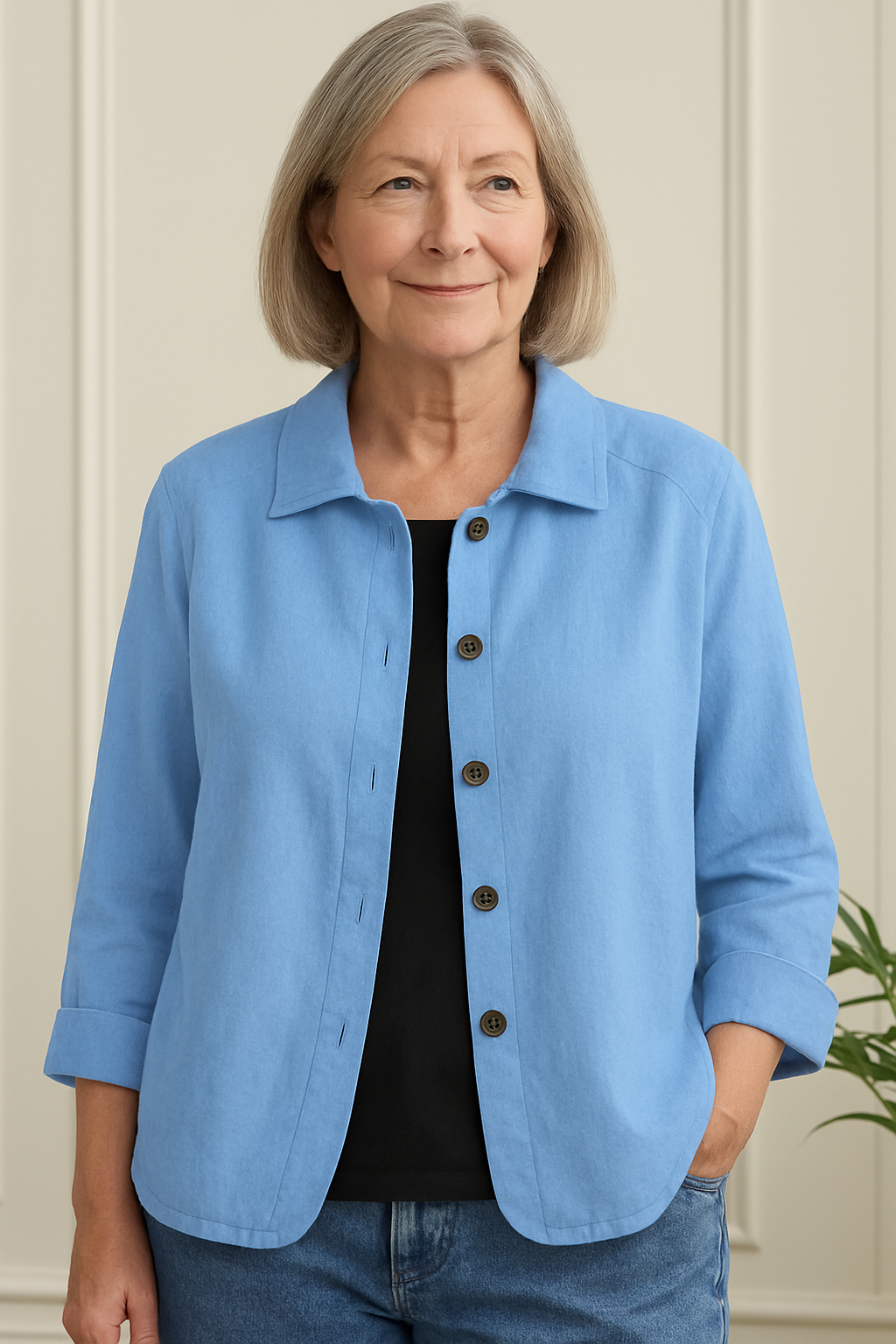 Women's flowy button-front shirt cardigan in light fabric, perfect for versatile layering.