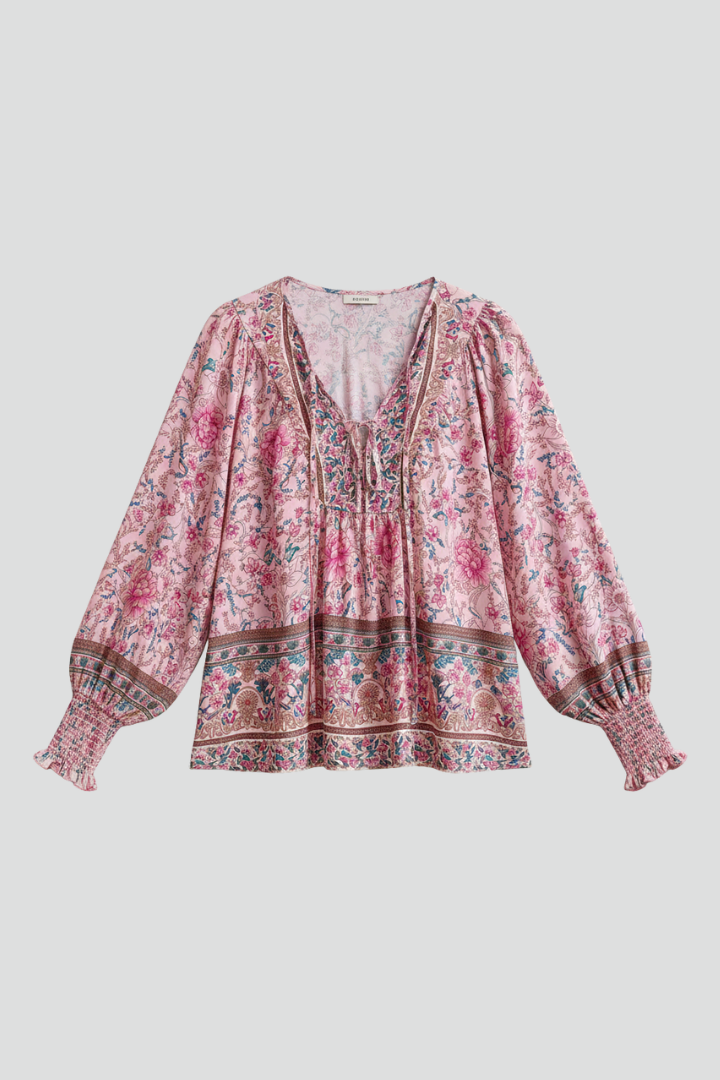 Women's flowy floral long sleeve blouse with V-neck, relaxed fit. Perfect spring/summer casual elegant top.