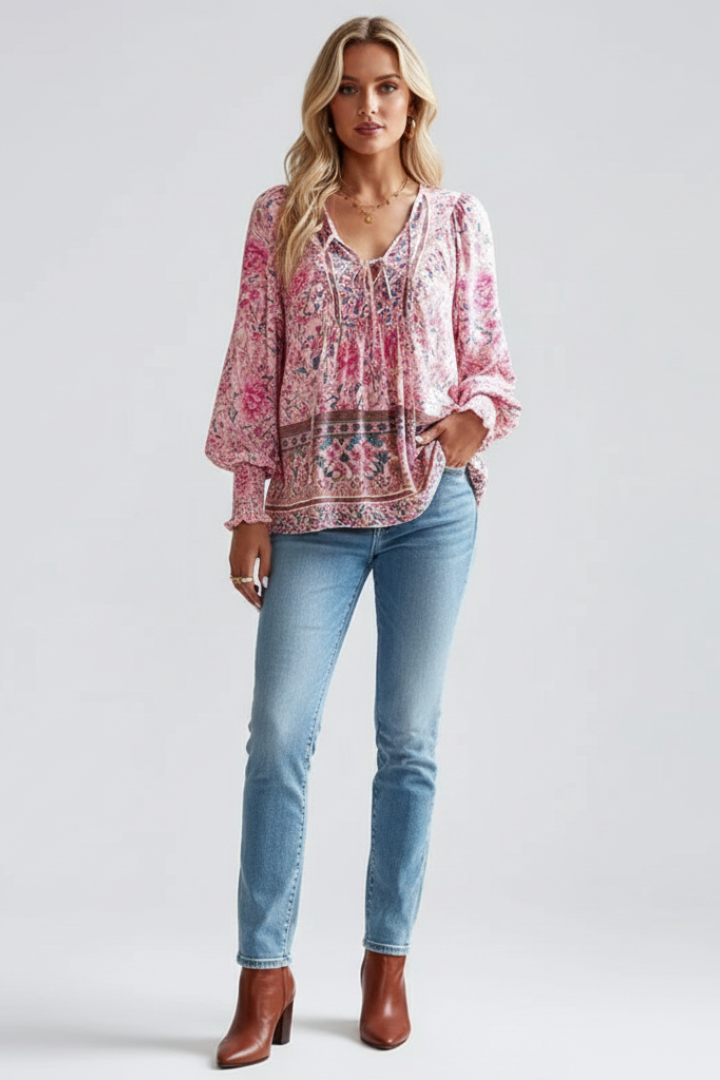 Elegant women's floral long sleeve V-neck blouse, relaxed fit. Ideal for casual summer style & spring fashion.