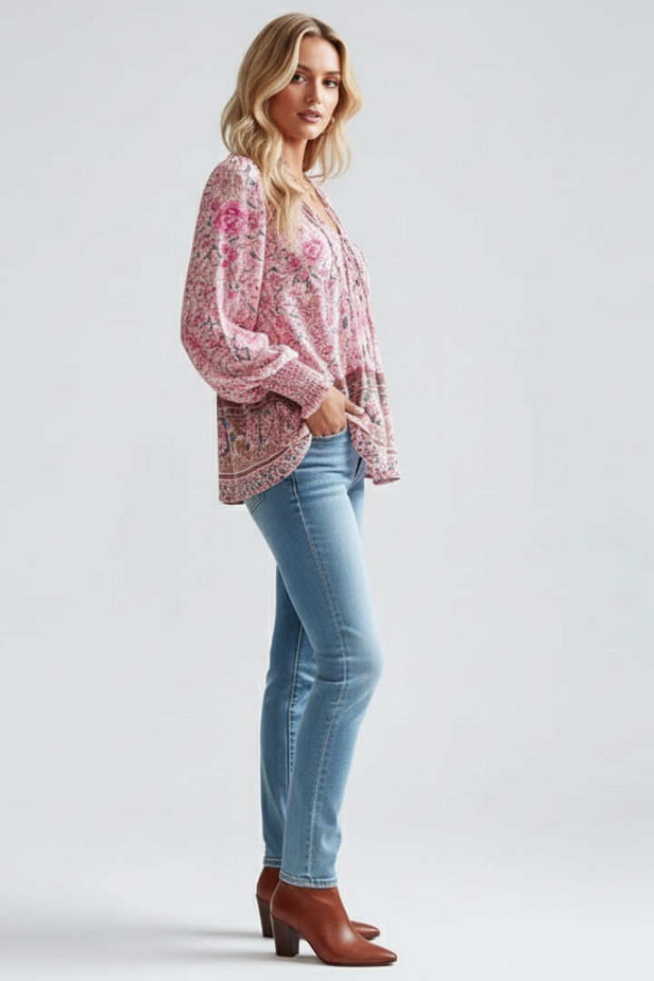 Chic women's flowy floral print blouse with long sleeves & V-neck. Relaxed fit top for casual elegance.