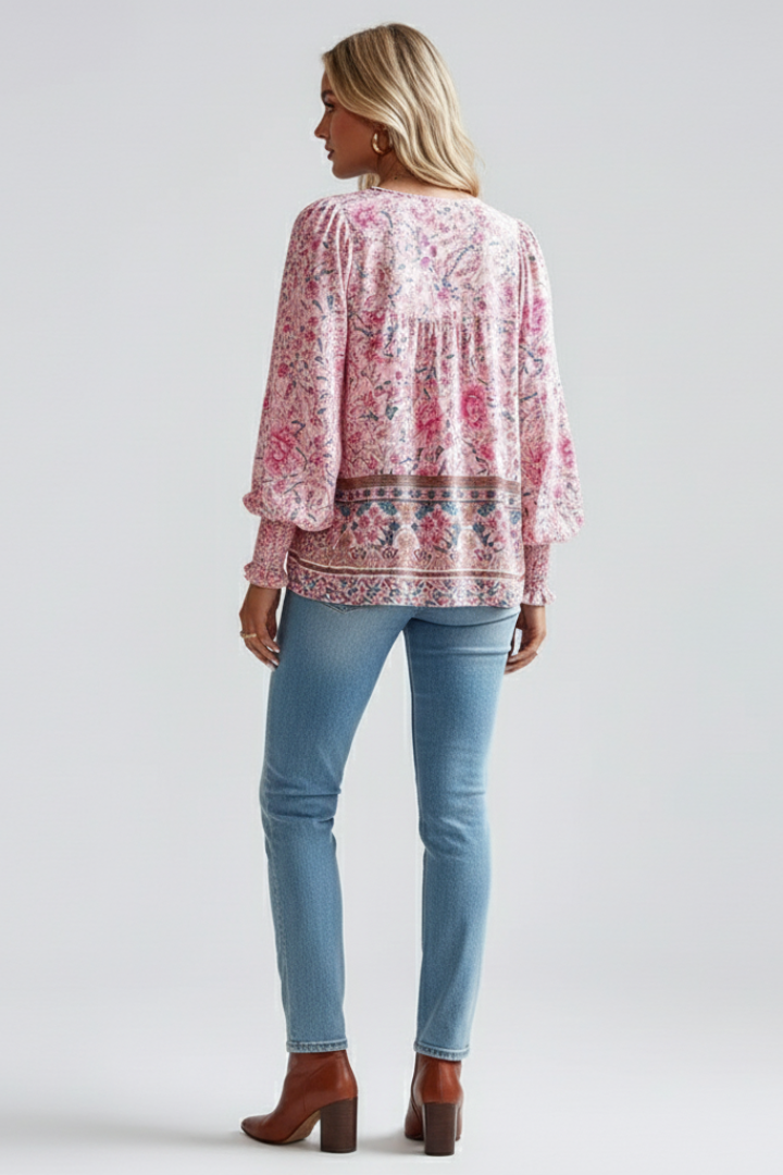Comfortable women's floral long sleeve V-neck top, flowy & relaxed fit. Great for spring/summer casual wear.