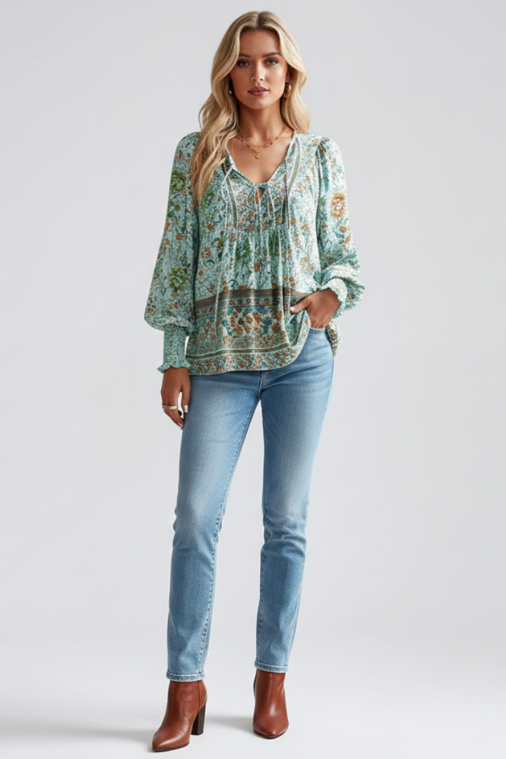Trendy women's floral print long sleeve blouse, V-neck, flowy and relaxed fit. Essential spring/summer top.
