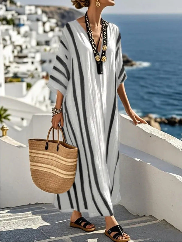 Comfortable women's flowy kaftan maxi dress, loose-fit resort wear for summer, beach, and elegant casual occasions.