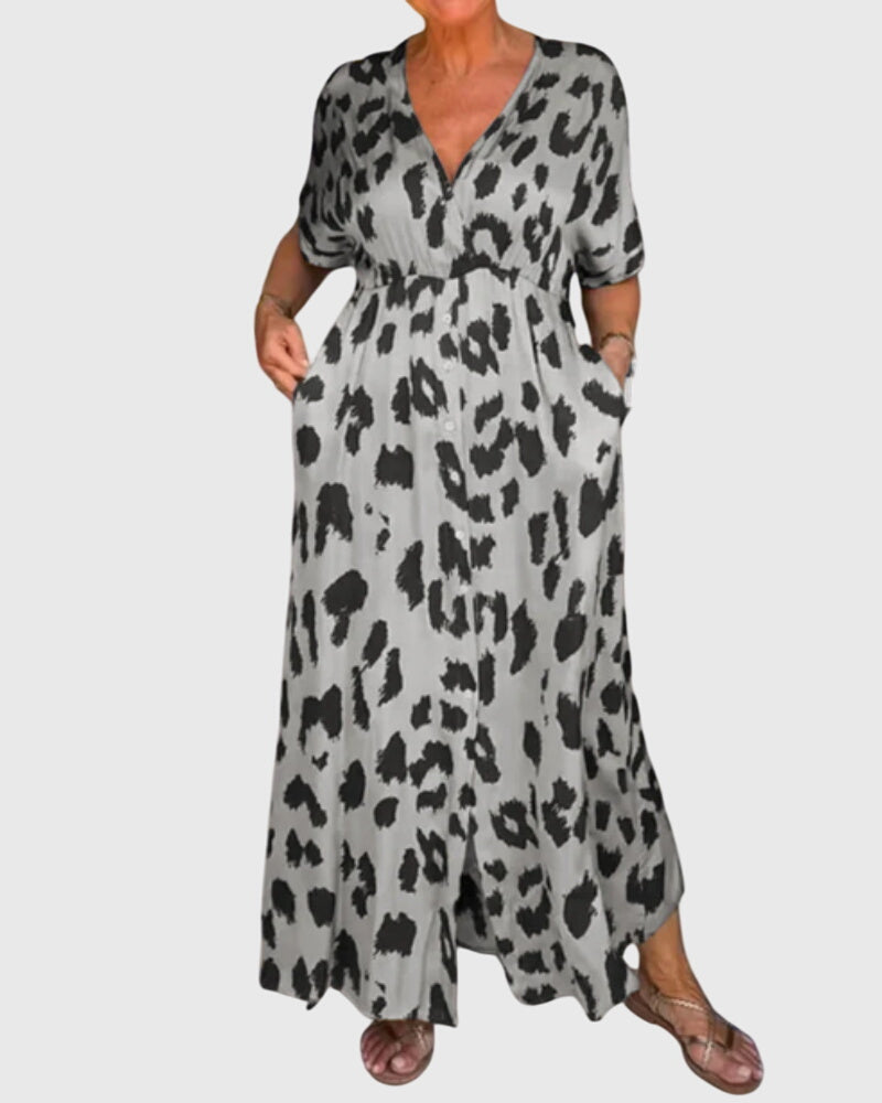 Women's stylish leopard print maxi dress featuring a V-neck, elastic waist, and button-front detail.