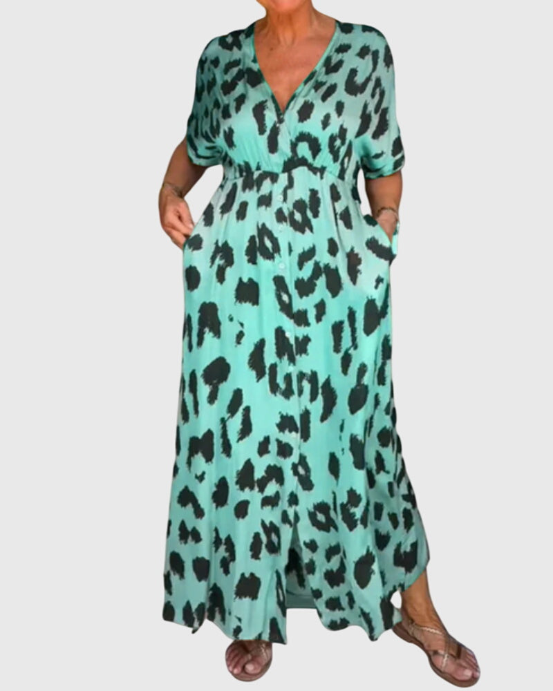 Casual women's leopard print V-neck maxi dress with comfortable elastic waist, ideal for fashion.