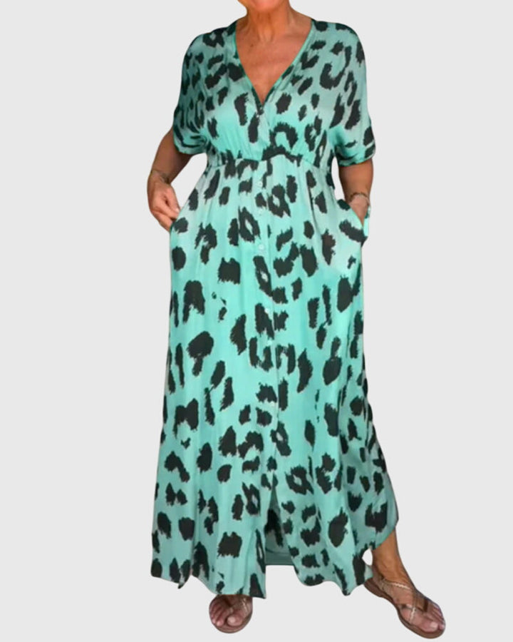 Casual women's leopard print V-neck maxi dress with comfortable elastic waist, ideal for fashion.