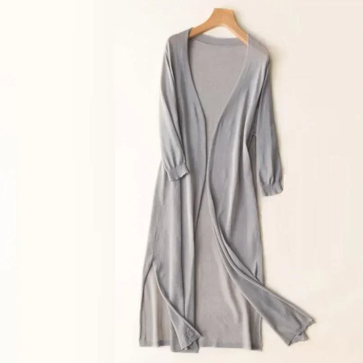 Stylish women's flowy long cardigan with side slits. Comfortable & elegant for everyday spring wear.