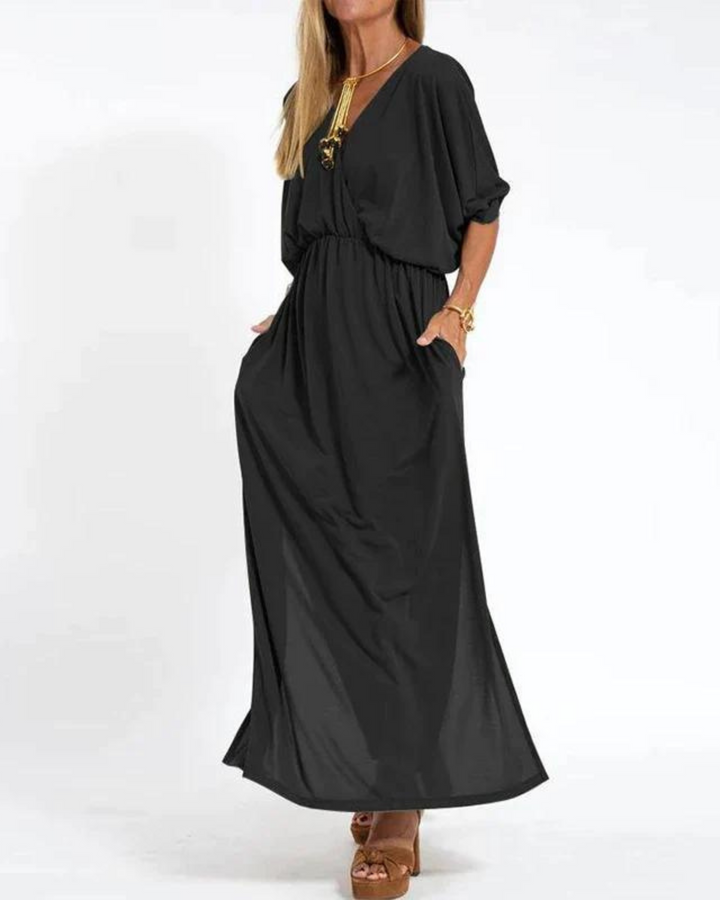 Women's scoop neck flowy midi dress with adjustable straps, long elegant summer casual wear. Plus size friendly.