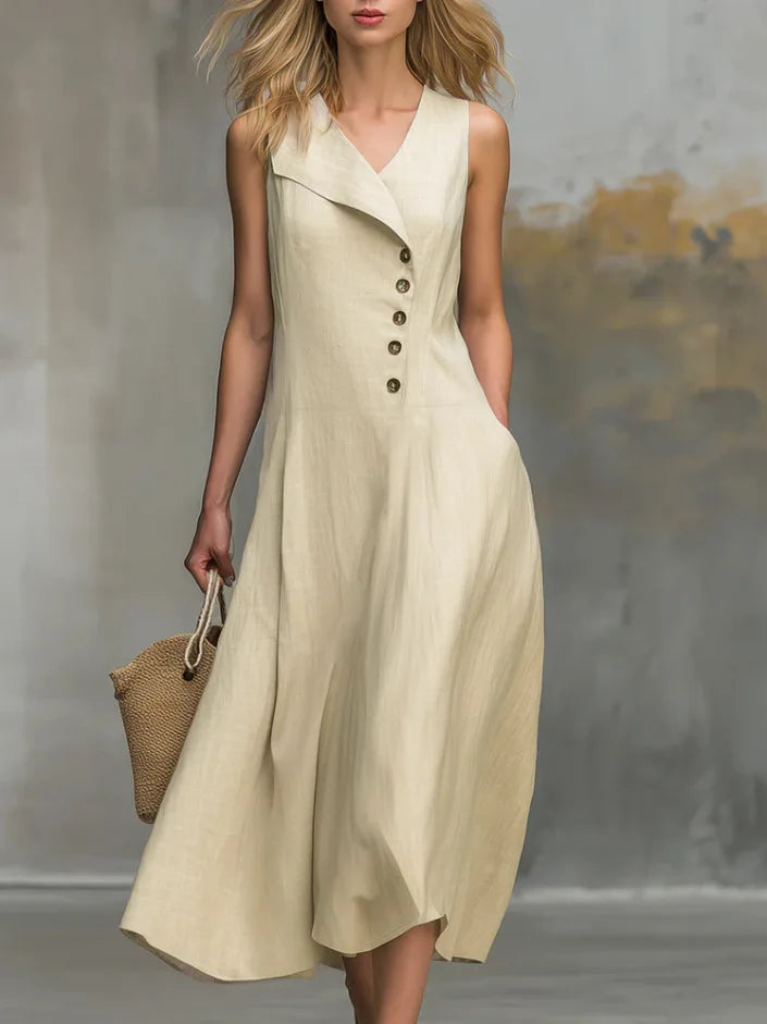 Women's flowy midi dress with asymmetrical button detail, v-neck, and relaxed fit. Perfect for summer casual wear.