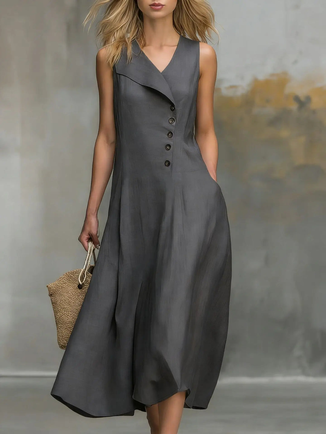 Sleeveless flowy midi dress for women, featuring a comfortable relaxed fit and stylish asymmetrical button detail.