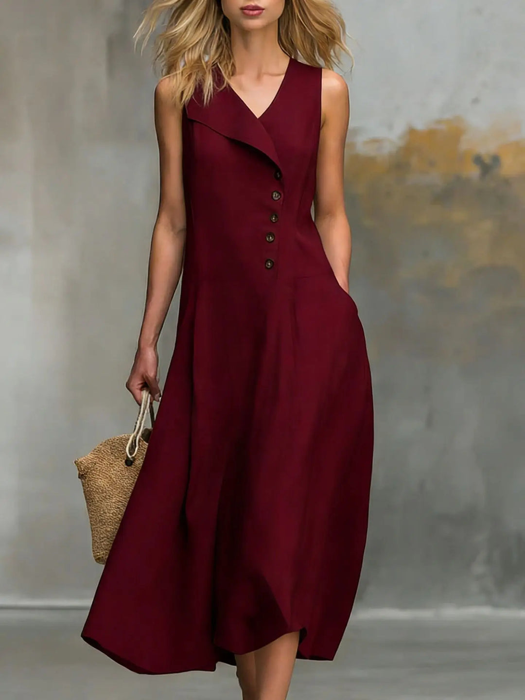 Versatile women's midi dress with v-neck, flowy silhouette, and unique asymmetrical button detail. Ideal for everyday.