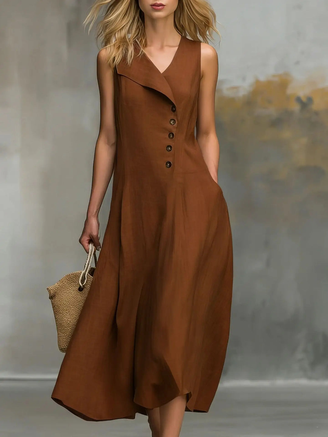 Summer women's flowy midi dress, sleeveless, with v-neck, relaxed fit, and chic asymmetrical buttons. Includes pockets.