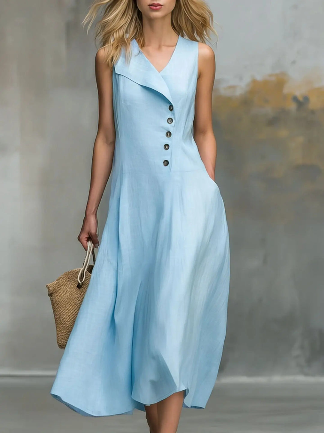 Elegant women's sleeveless midi dress with a flattering v-neck, flowy design, and distinctive asymmetrical button detail.