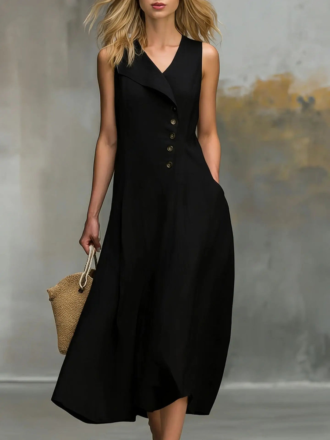 Casual women's flowy midi dress with v-neck, relaxed fit, and stylish asymmetrical button accents. Comfortable everyday wear.