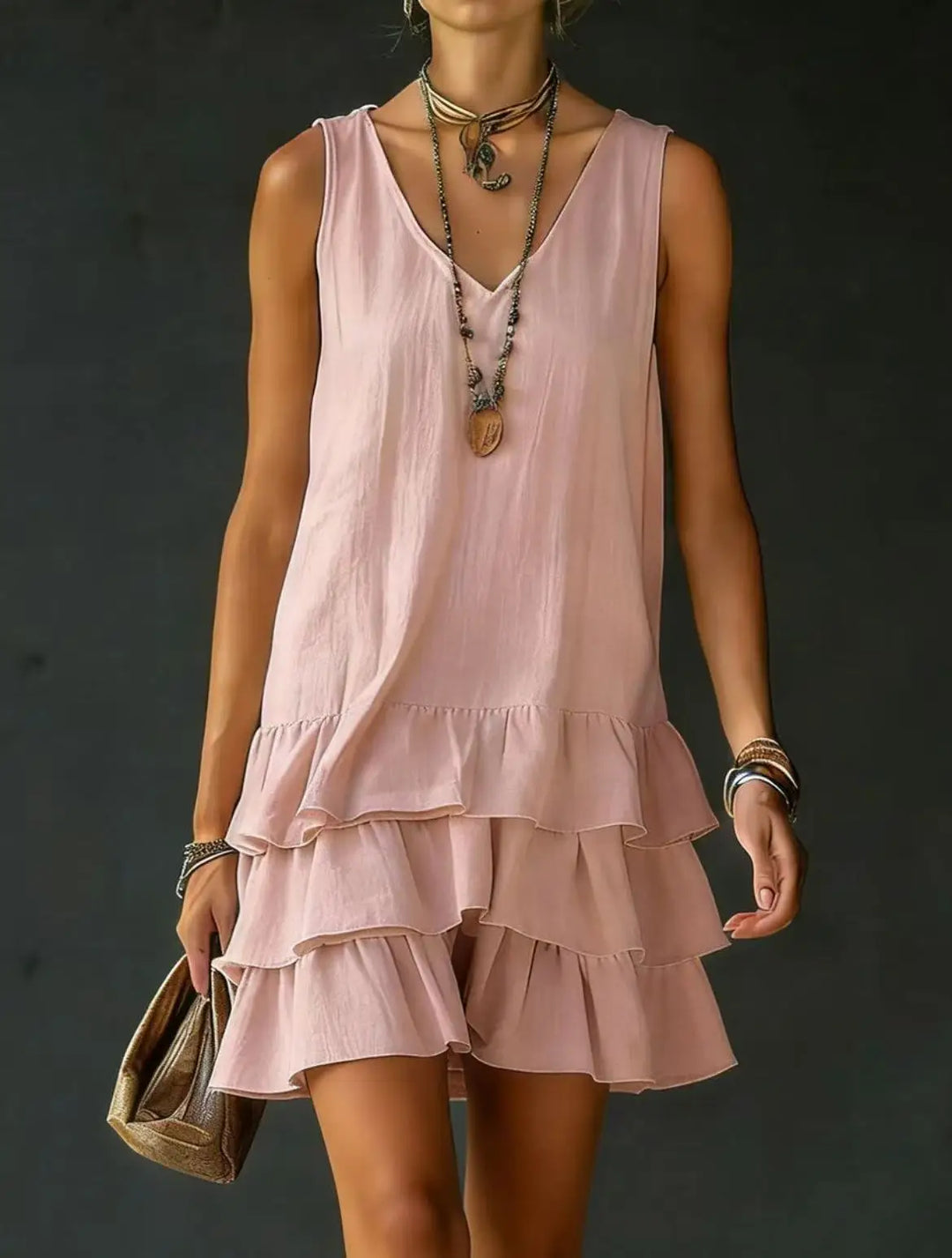 Women's flowy ruffle tiered V-neck mini dress for summer. Sleeveless, relaxed fit, perfect for casual wear or vacation.