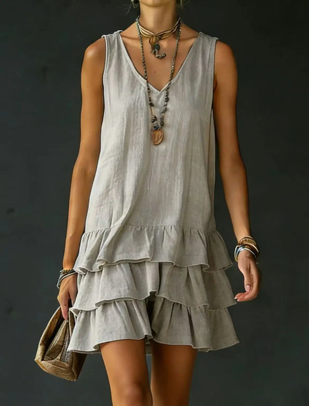 Vibrant multi-color women's tiered mini dress. Features a V-neck, ruffles, and sleeveless design for chic summer fashion.