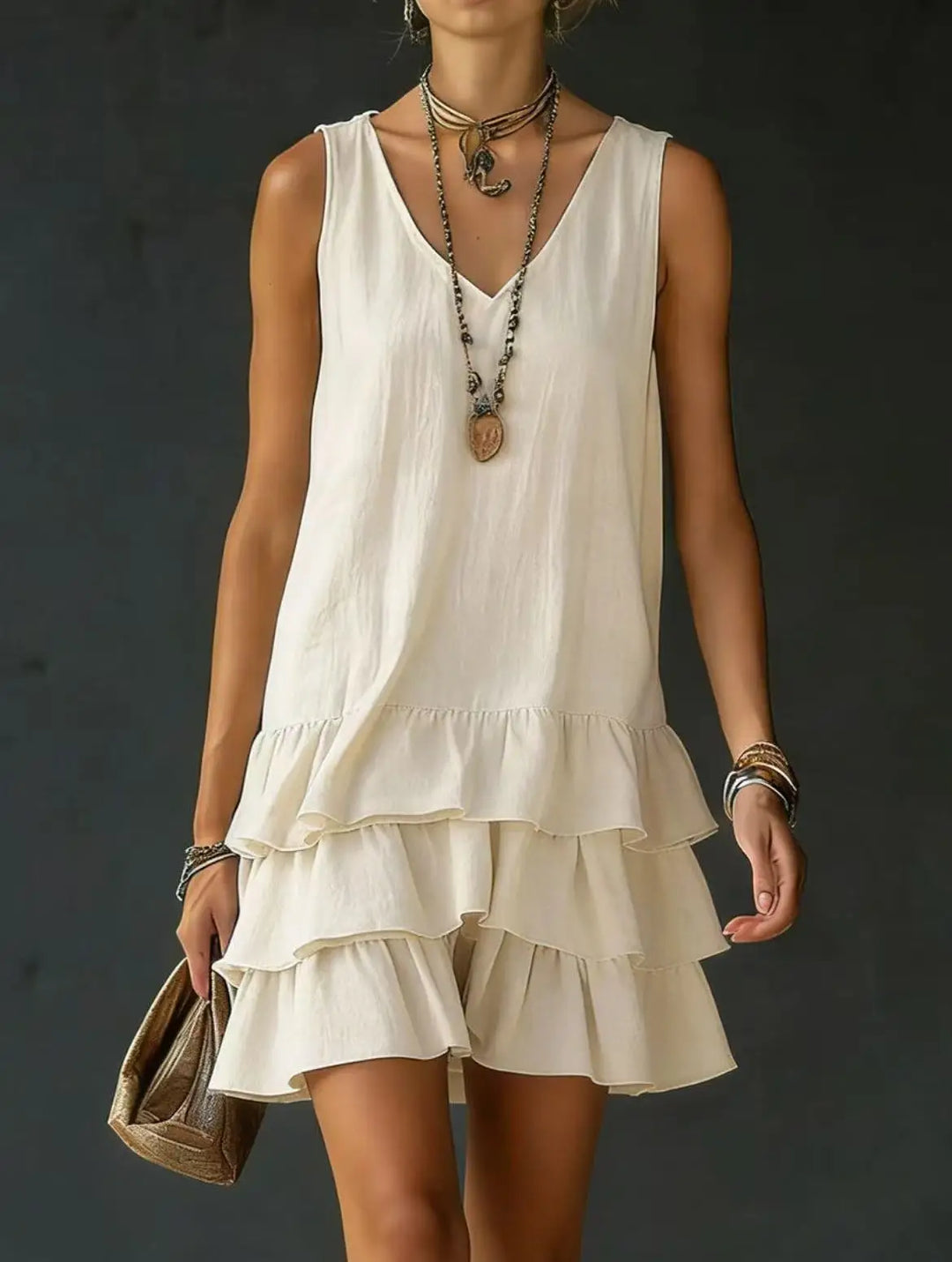 Trendy women's mini dress with a V-neck, playful ruffles, and tiered skirt. Chic, sleeveless summer fashion.