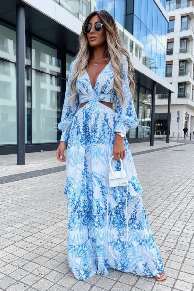 Long women's summer maxi dress, flowy and elegant, perfect for beach, vacation, or casual occasions.