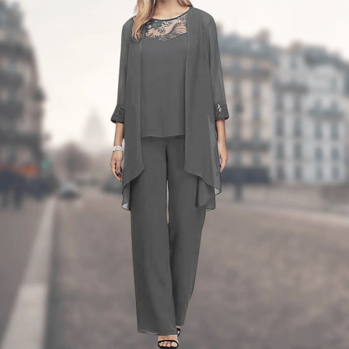 Elegant women's three-piece set: flowy wide-leg pants, matching top, delicate lace trim. Perfect for summer fashion.