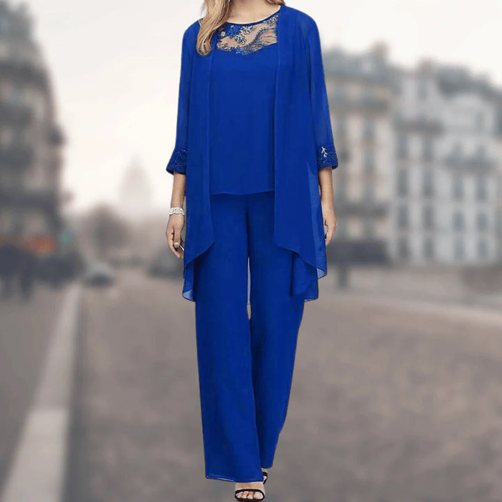 Comfortable & elegant women's Alison three-piece flowy set with wide-leg pants and delicate lace trim for spring.