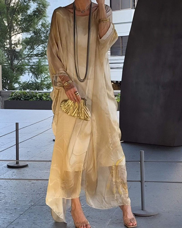 Elegant women's flowy midi dress, designed with tummy control for summer comfort and casual style.