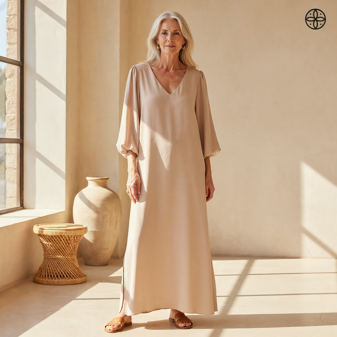 Women's flowy V-neck maxi dress with convenient pockets & stylish balloon sleeves, perfect for summer.