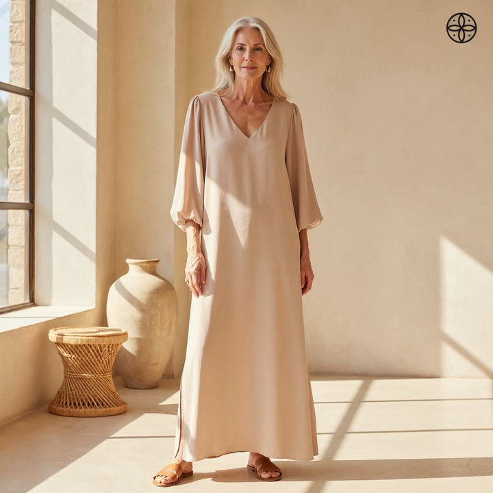 Women's flowy V-neck maxi dress with convenient pockets & stylish balloon sleeves, perfect for summer.
