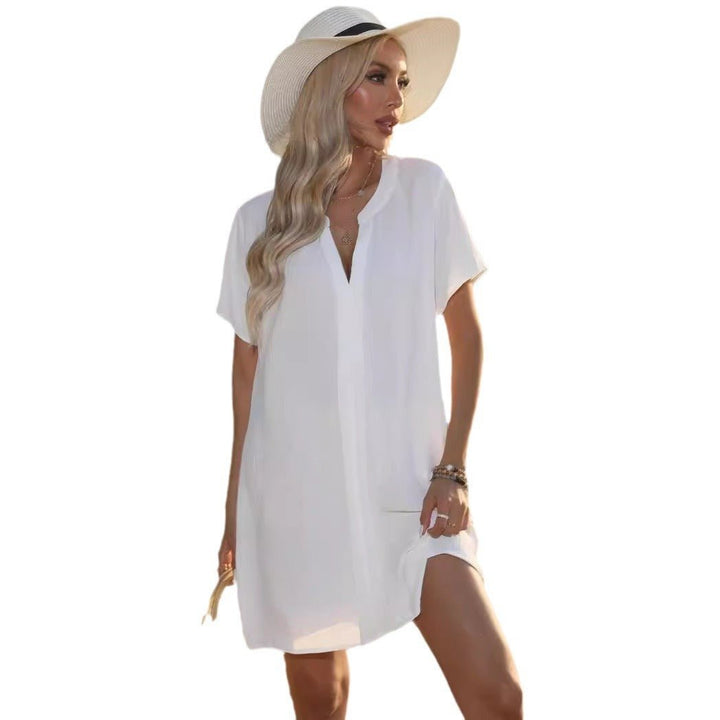 Lightweight flowy V-neck sundress for women, a relaxed short sleeve tunic perfect for summer.