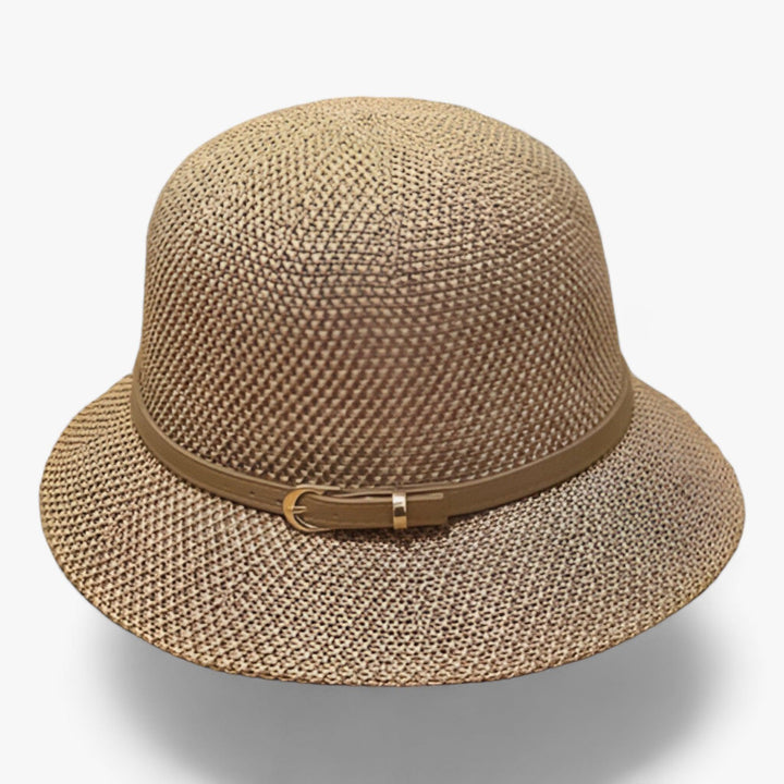 Women's foldable khaki linen sun hat with a decorative bow, perfect for summer travel and beach wear.