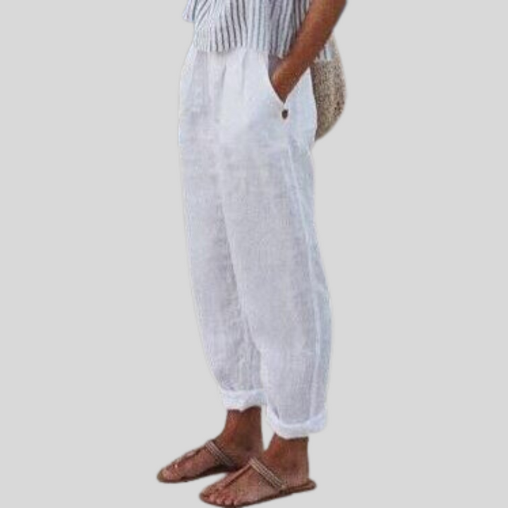 Stylish women's folded hem lightweight trousers. Relaxed fit pants, perfect for smart casual spring fashion.