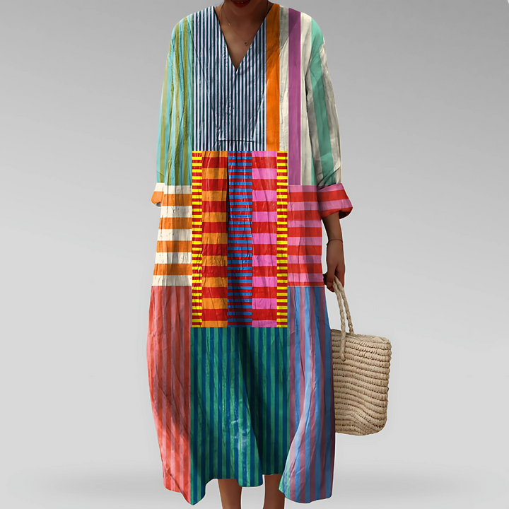 Women's geometric print long sleeve maxi caftan dress, V-neck, relaxed fit. Perfect for resort wear & boho chic.
