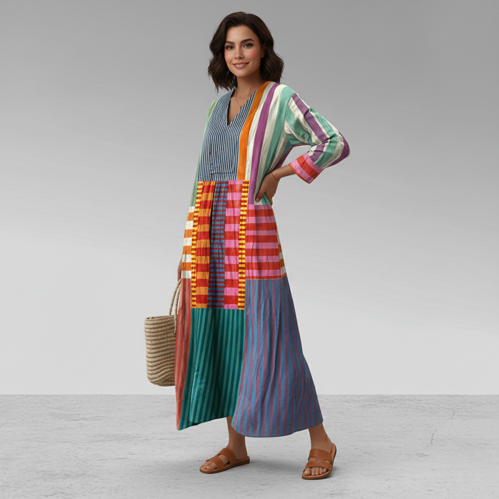 Flowy women's maxi caftan dress with vibrant geometric print, long sleeves. Ideal for summer & relaxed fashion.