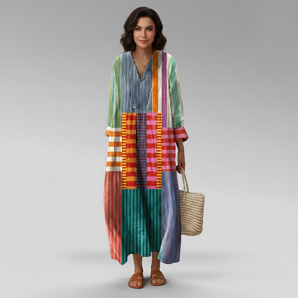 Stylish geometric print long sleeve caftan maxi dress for women. Relaxed V-neck design, perfect day to evening wear.