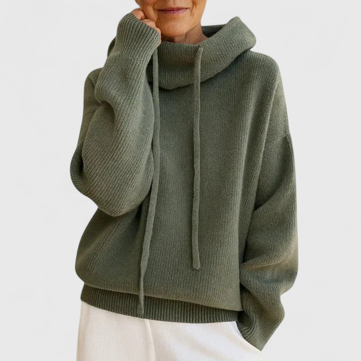 Women's Georgia drawstring cowl neck pullover sweater. Cozy, relaxed fit for fall & winter casual wear.