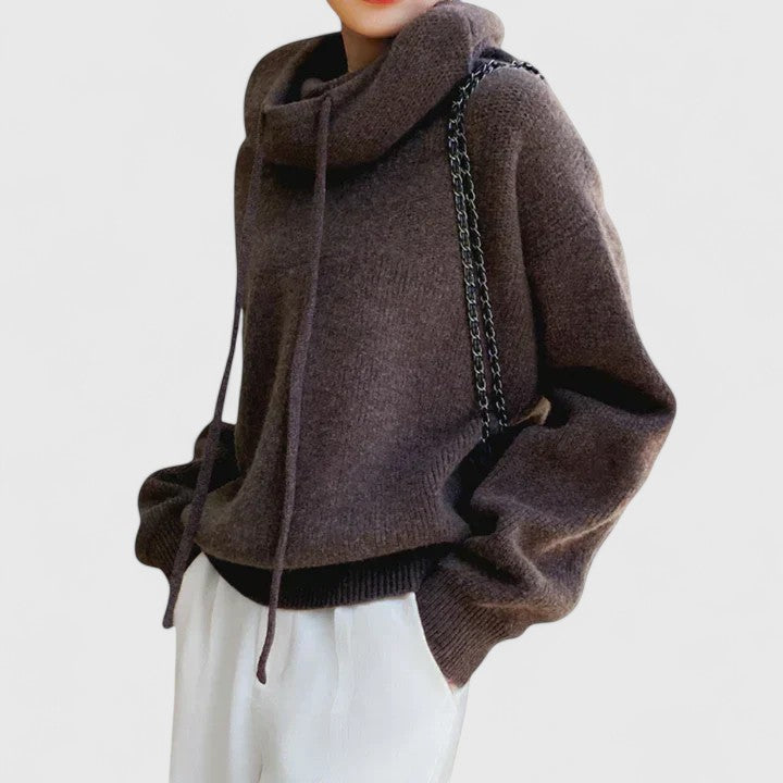 Versatile women's cowl neck pullover sweater with drawstring. Perfect for casual everyday fall & winter style.