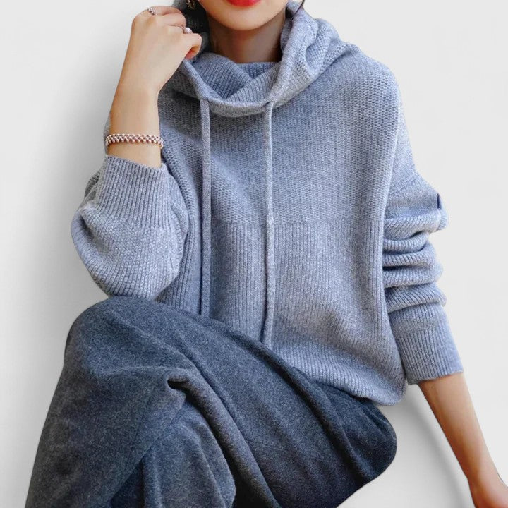 Stylish women's drawstring cowl neck pullover sweater. Cozy, versatile long sleeve for fall & winter fashion.
